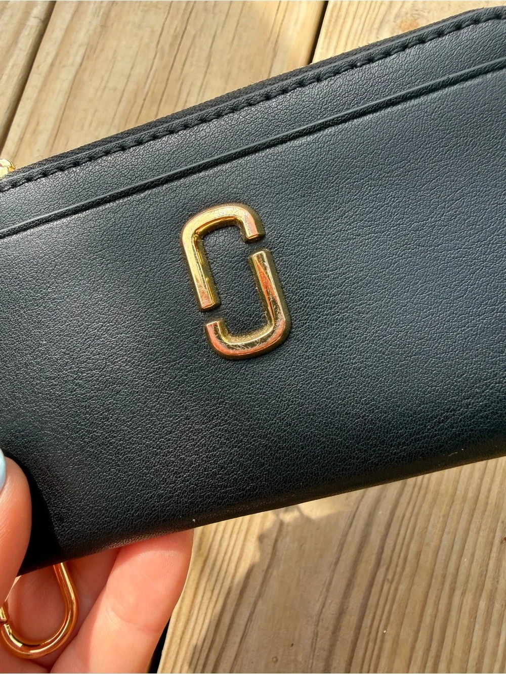 Marc Jacobs Black Leather Zip Card Holder with Gold Hardware